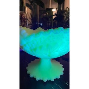 Fenton Custard Glass Pedestal Bowl Candy Dish Compote Pinwheel Hobstar Pattern